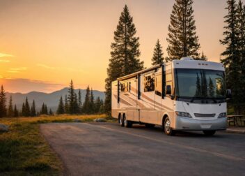 Big-rig RV at a scenic campground pull-through at sunset